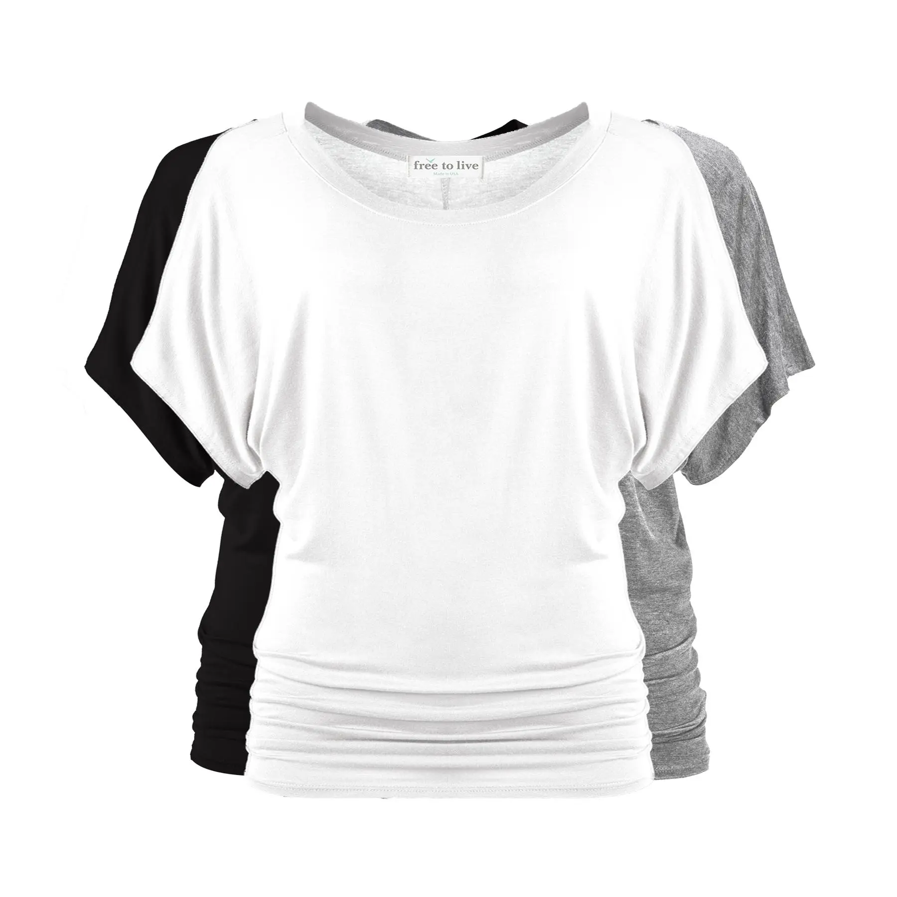 Short Sleeve Dolman Tops (3 Pack: Black, Heather Grey, White)