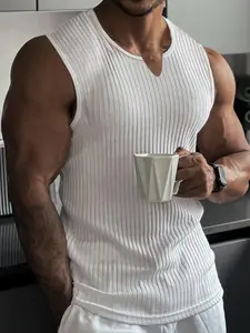 Men's summer sleeveless striped knitted polyester vest, comfortable and fashionable casual wear, high elasticity, breathable and form-fitting design, suitable for fitness exercises and running, American casual sporty style