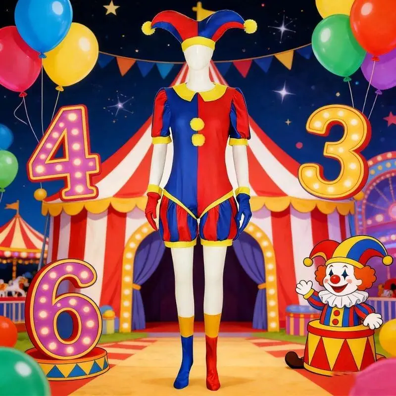 Pomni Clown Cosplay Costume, Polyester Jumpsuit Set from The Amazing Digital Circus for Adults and Kids Halloween Parties, Fabric, Clown Suit, Full Body, Circus Theme, Unisex, Clothes, Halloween Party, 2Xl, Children 110, Multi-Size