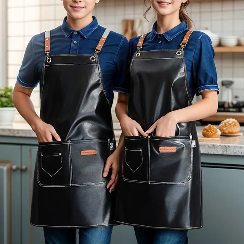 Waterproof PU Leather Apron with 2 Large Pockets, Pocketed Aprons Adjustable Oil-Resistant Apron for Kitchen Dishwashing Cooking Restaurant Supermarket Bakery Kitchen Cooking Aprons