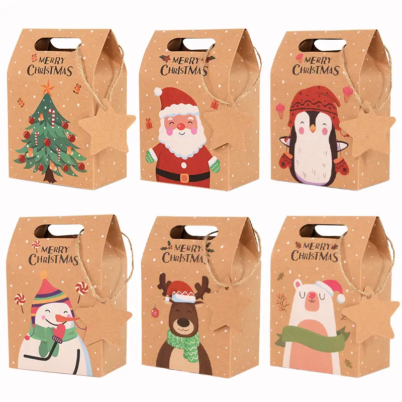 6pcs Printed Kraft Paper Christmas Candy Gift Boxes with Printed Tags - Festive Party Gifts, 2023 Xmas & 2024 New Year Home Decoration Cookie Set Pack (As Picture), Festive Look