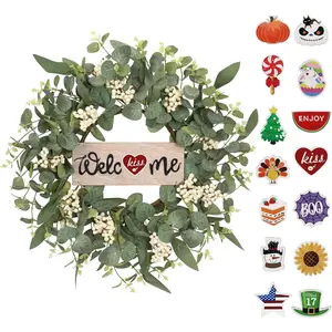 20Inch Wreaths for Front Door, Artificial Green Eucalyptus Interchangeable Seasonal Welcome Sign Wreath Decorations, for Porch Home Farmhouse Spring Summer
