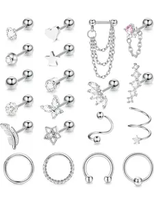 Delicate 20 Pcs Silvery Shining Ear Hoops Studs 16G Surgical Steel Earrings Set for Women Men Helix Piercings Hoop Earrings Feather Heart Star Stud Earrings Set Conch Helix Tragus Piercing Ear Jewelry
