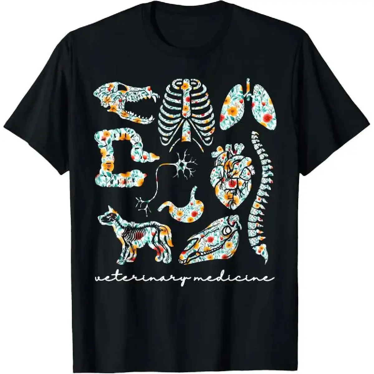 Floral Veterinary Anatomy Vet Tech Veterinary Technician Casual Short Sleeve Cotton T-Shirt