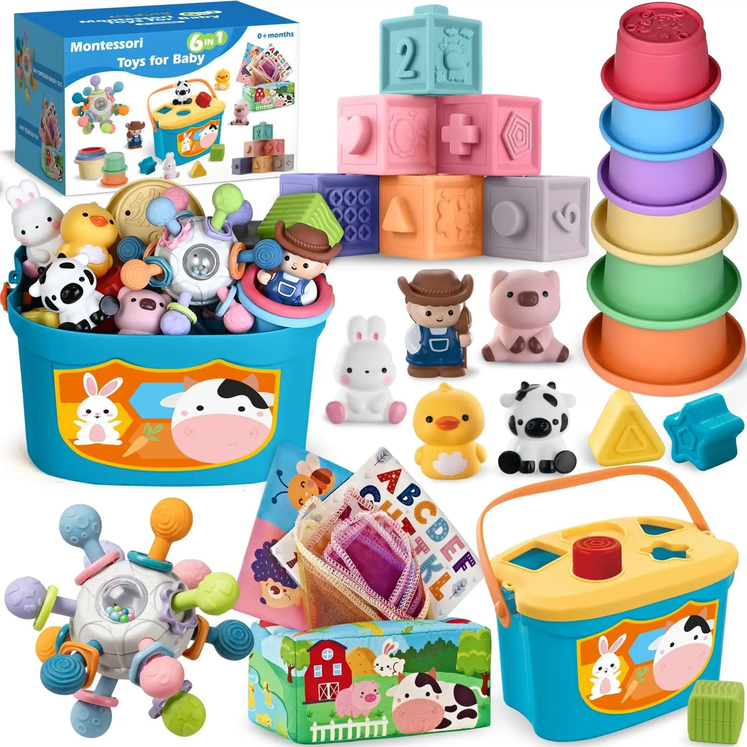 6-in-1 Montessori Baby Sensory Toys Set with Stacking Cups, Blocks, Tissue Box, Shape Sorter & Finger Puppets
