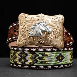 2 Inch Hand-Tooled Artesanal Beaded Leather Belt 2 Inch Hand-Tooled Artesanal Beaded Leather Belt
