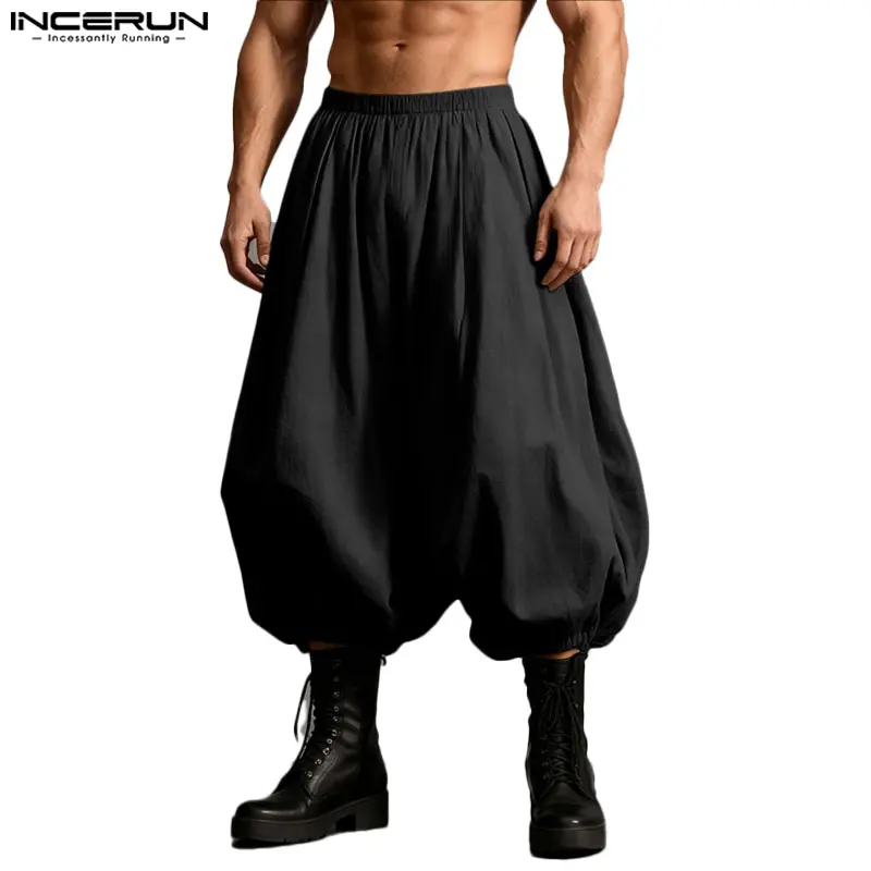 INCERUN Men's Solid Woven Harem Pants, Oversize Samurai-Inspired Cut with a Drop Crotch for Yoga & Streetwear, Oversized, Samurai Vibe, Dance Practice, Fabric