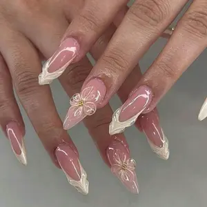 10pcs Handmade French Pointed Almond Shape 3D Flower False Nails Set, Perfect for Women Daily Wear, Party, Commuting, Travel, Shopping