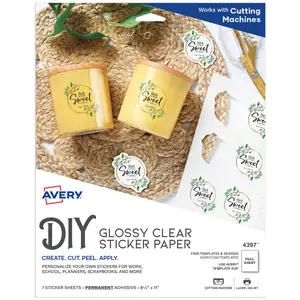 Avery Printable Sticker Paper, 8.5" x 11", Glossy Clear, Permanent Adhesive, Laser/Inkjet Compatible, 7 Full-Size Label Sheets (4397)