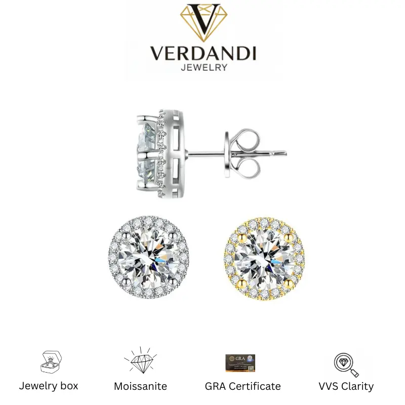 VERDANDI Halo Stud Earrings for Women and Men, 925 Sterling Silver with Round Cut VVS Moissanite, Durable & GRA Certified