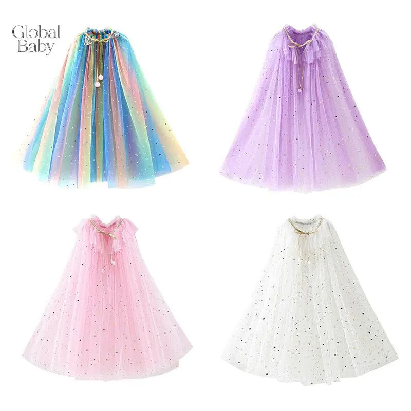 Global Baby Girls Princess Mesh Cape Costume Bow Tie-up Sparkling Sequins Cloak Halloween Stage Clothes  Robe Kids Princess Cloak For Girl Princess Cape Cloak Fairy Cape