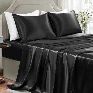 Sheets Queen Size - 4 Pieces Luxury Soft Bed Sheets, Wrinkle-Free Black Silk Sheet Set with 1 Deep Fitted Sheet, 1 Flat Sheet, 2 Pillow