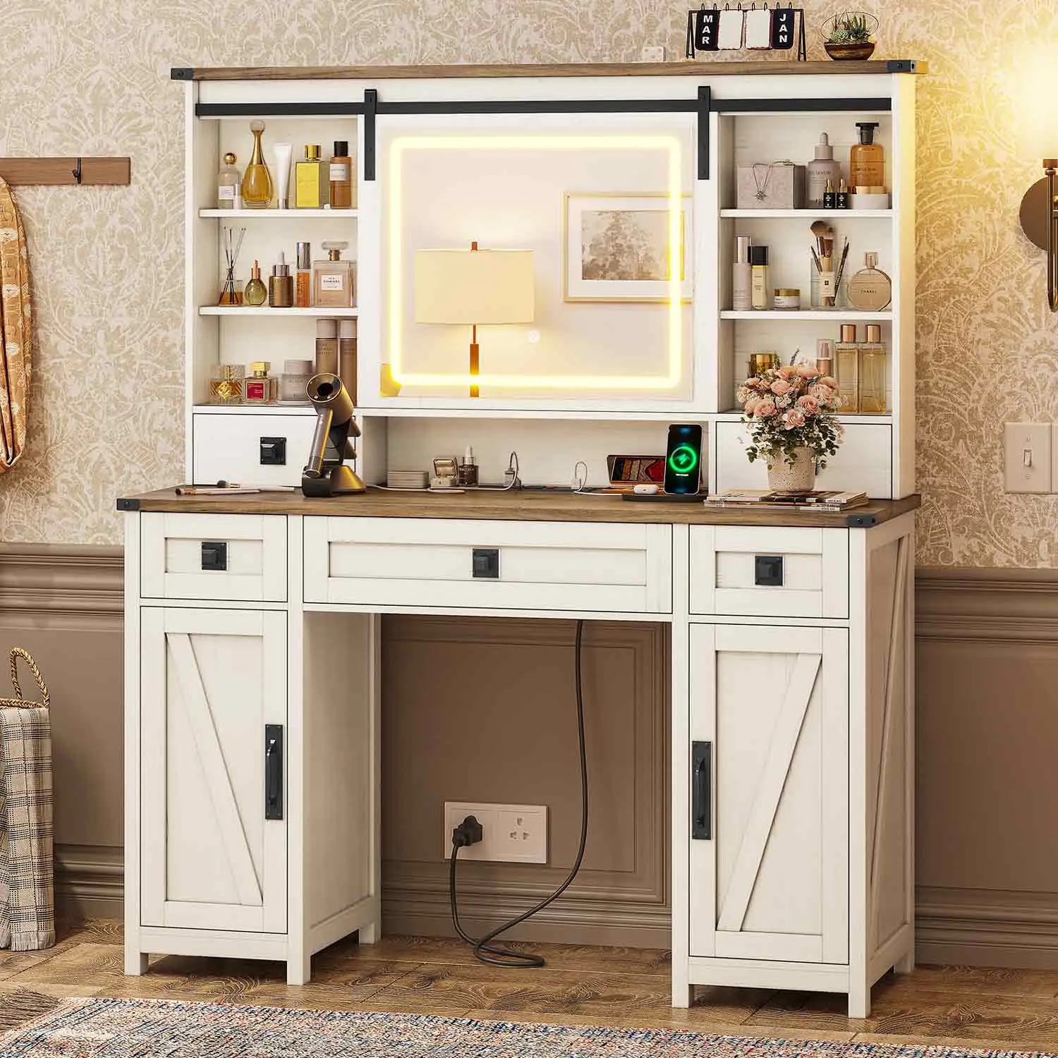 SIKAIC White Makeup Vanity Desk with Sliding Mirror, RGB LED Lights Vanity Table with Drawers and Modern Design for Bedroom Furniture