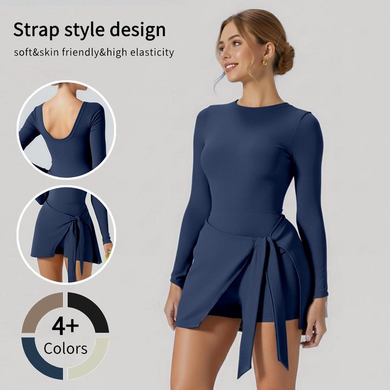 Women's Long Sleeve Solid Color Tennis Dress with Side Slit & Built-in Shorts for Yoga Golf & Athletic Activities High Stretch Nylon Sports Dress Crew Neck Spring Summer