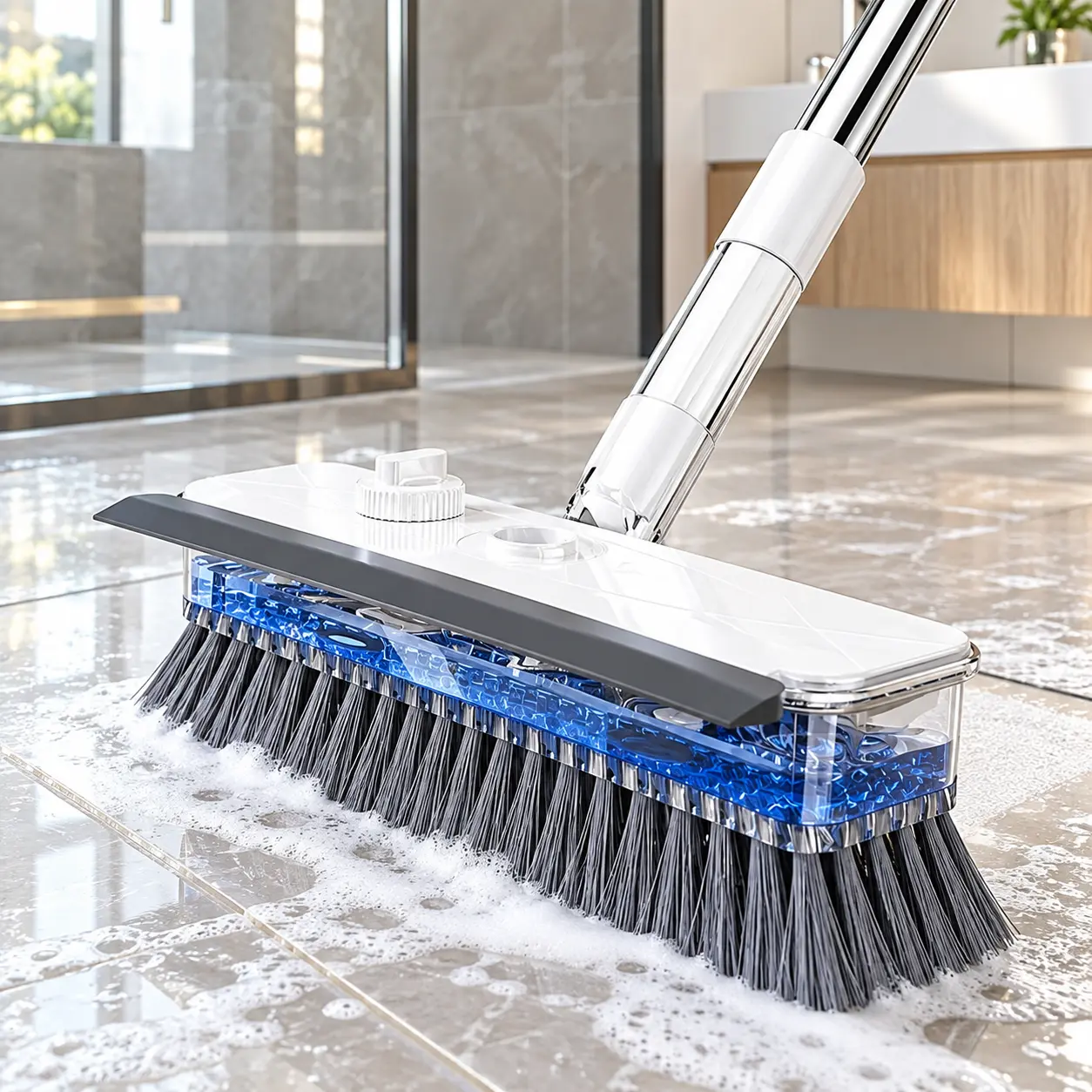 All-in-1 Liquid Dispensing Floor Scrubber Brush Squeegee Broom - Household Multipurpose Tool with Long Ergonomic Handle, Press-to-Release Soap Tank, Hard Bristles, Stand-Up Design for Tile, Grout, Bathroom, Bathtub, Kitchen