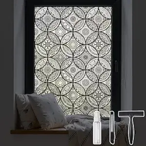 Boho Stained Glass Look Window Privacy Film with Installation Tools, Decorative Frosted Glass Window Film Static Cling No Glue Removable, Pure Black, 17.7" x 78.7"
