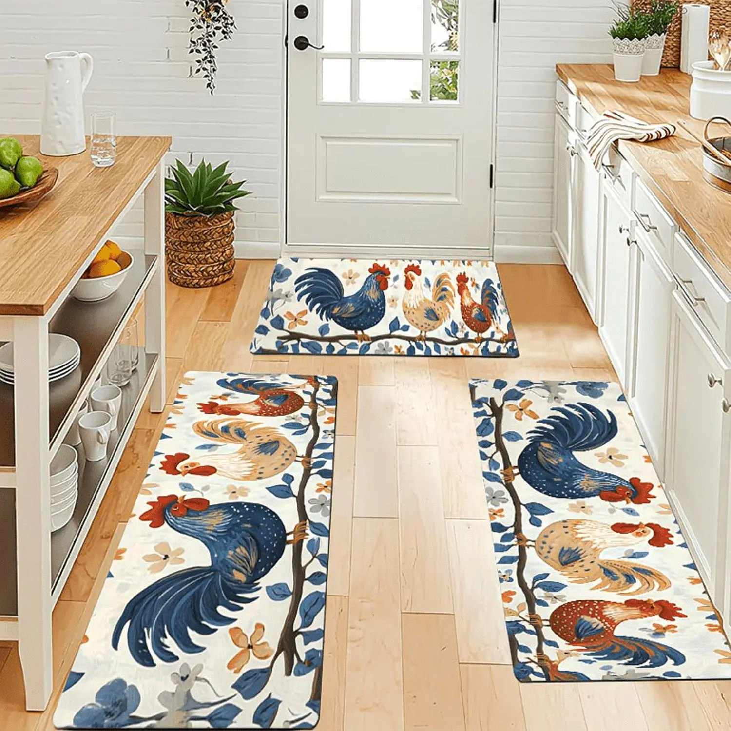 1pcs Spring Vitality Rooster Farmhouse Style Kitchen Carpet | Flannel Material, Dry Nonslip, Soft Comfortable, Easy to Clean, Suitable for Bathroom, Door Mat, Bedroom, Living Room, Porch, RV Decoration