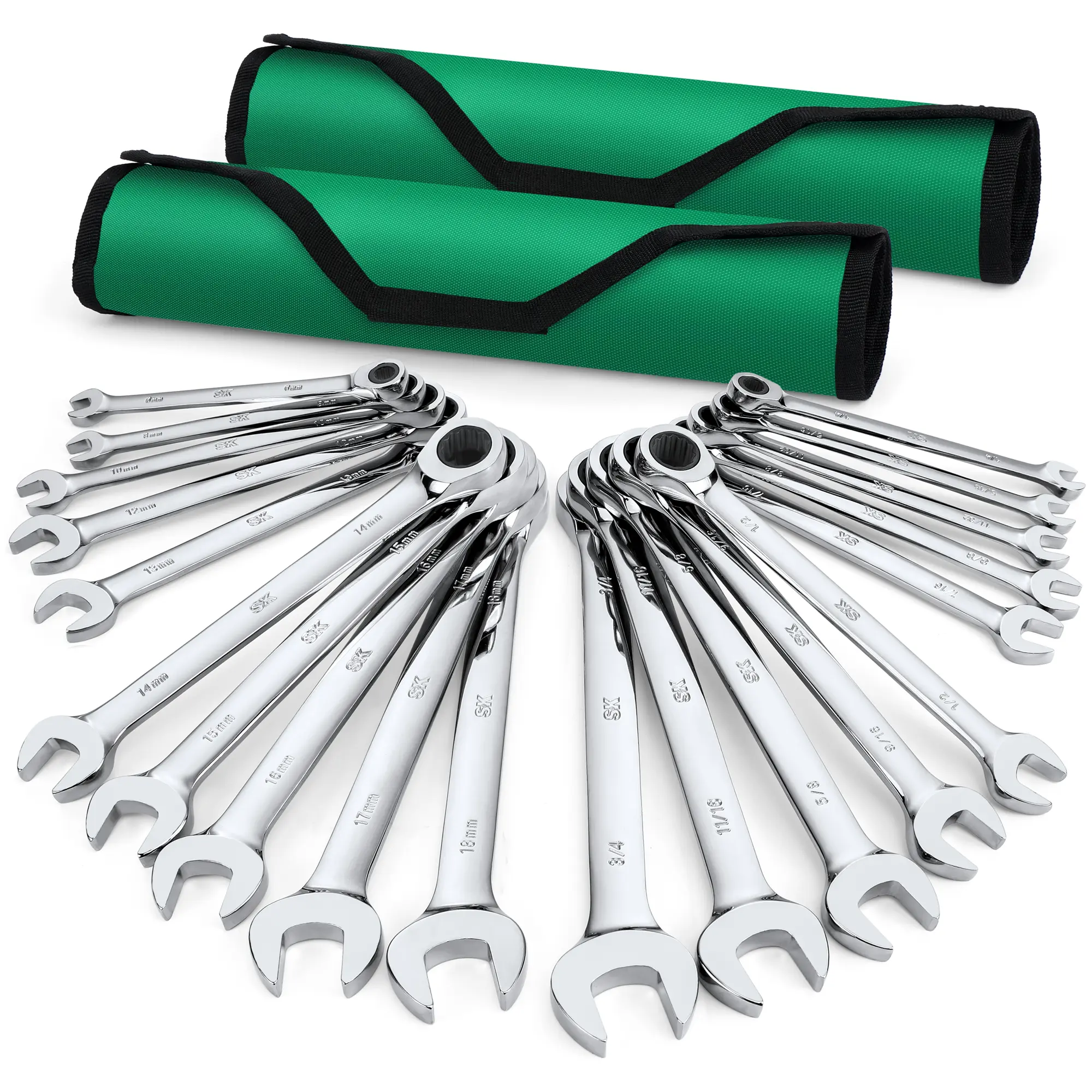 #fathersdaygift SK Ratcheting Wrench Set, Combination Wrench Set, 20-Pack, SAE 1/4" to 3/4", Metric 6 to 18mm, 72-Tooth, Premium CR-V Construction, with Rolling Pouch