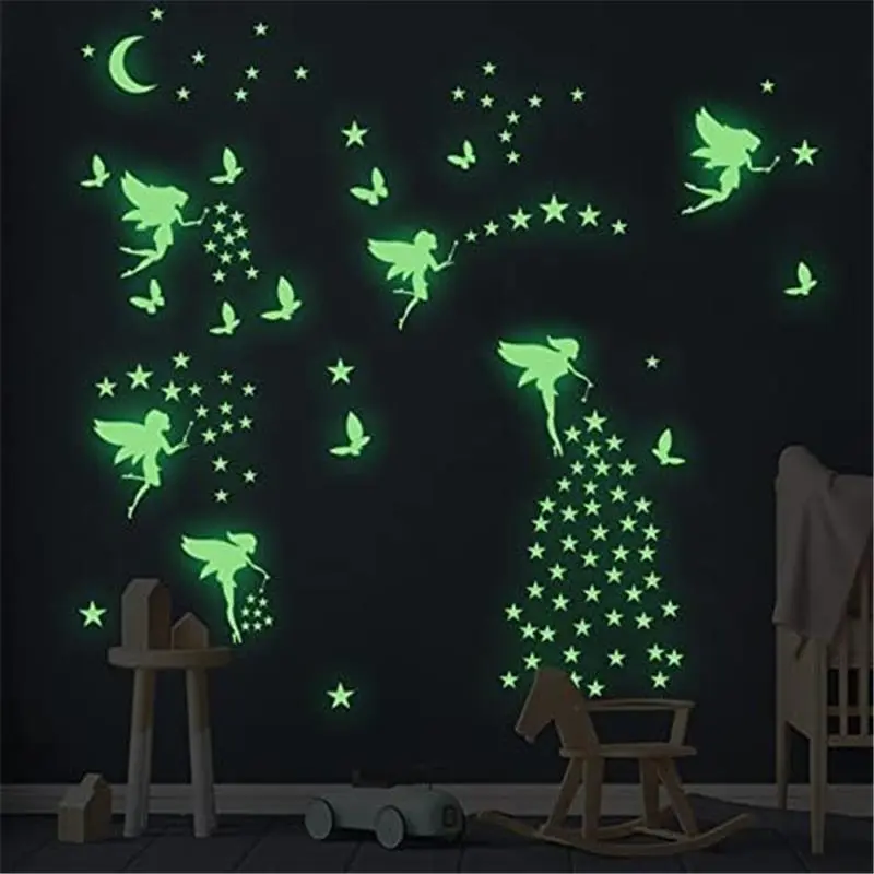 Glow in The Dark Fairy Wall Decals, Luminous Fairies Wall Stickers Bedroom Ceiling Decoration, Butterfly and Star Room Decor for Girls Kids Princess Decorative Set