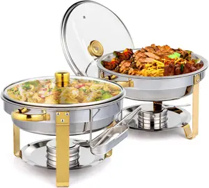 ROVSUN 5QT 2 Packs Chafing Dish Buffet Set Gold Accent, NSF Round Stainless Steel Buffet Warmer Chafers and Buffet Warmers Sets with Glass Lid & Lid Holder for Catering Events Parties Weddings Dinners
