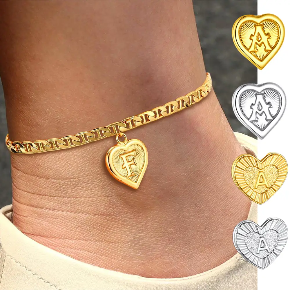 Richsteel Initial Heart Anklet Dainty Daily Letter Pendant Mariner Figaro Chain Summer Beach Footwear Stainless Steel Anklet Bracelet Jewelry Gift for