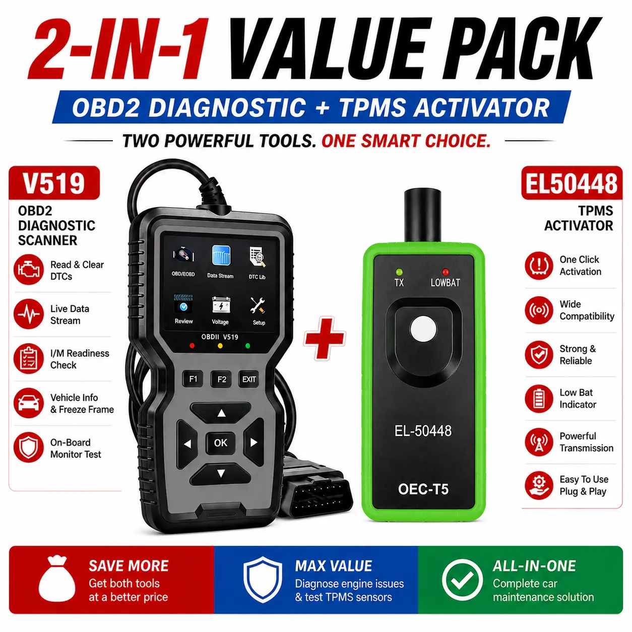 2-in-1 Automotive Diagnostic Tool Kit, V519 OBD2 Scanner and EL-50448 TPMS Reset Tool, Engine Fault Code Reader, Live Data Stream, Tire Pressure Sensor Activator for Compatible GM Vehicles