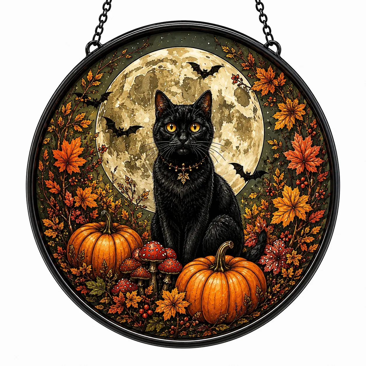 Spooky Autumn Magic – Black Cat Full Moon Suncatcher, Pumpkin & Bat Halloween Window Hanging Decor, Witchy Fall Gift #HalloweenDecor #BlackCat #Suncatcher #SpookySeason #FallDecor Ornaments Hangable