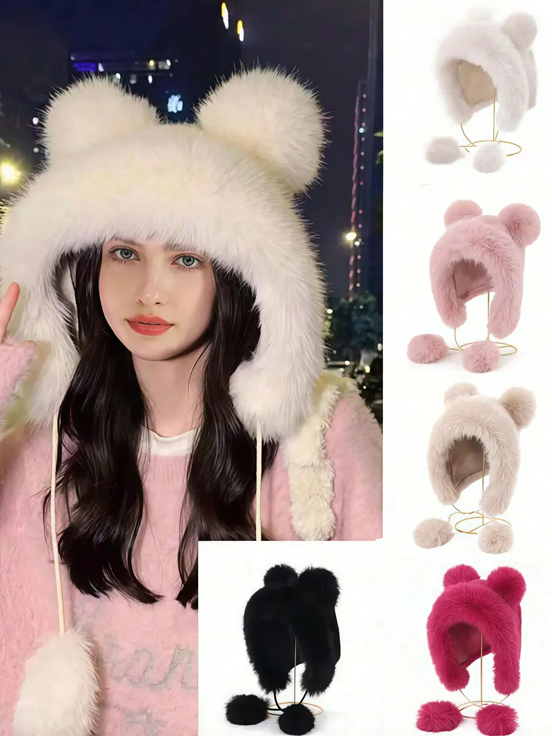 Women\'s Pink Furry Beanie with Pom Pom Winter Warm Knitted Hat Bear Costume Women Winter Warm Kawaii Fox Fur Imitation Mink Plush Hat  main image 2