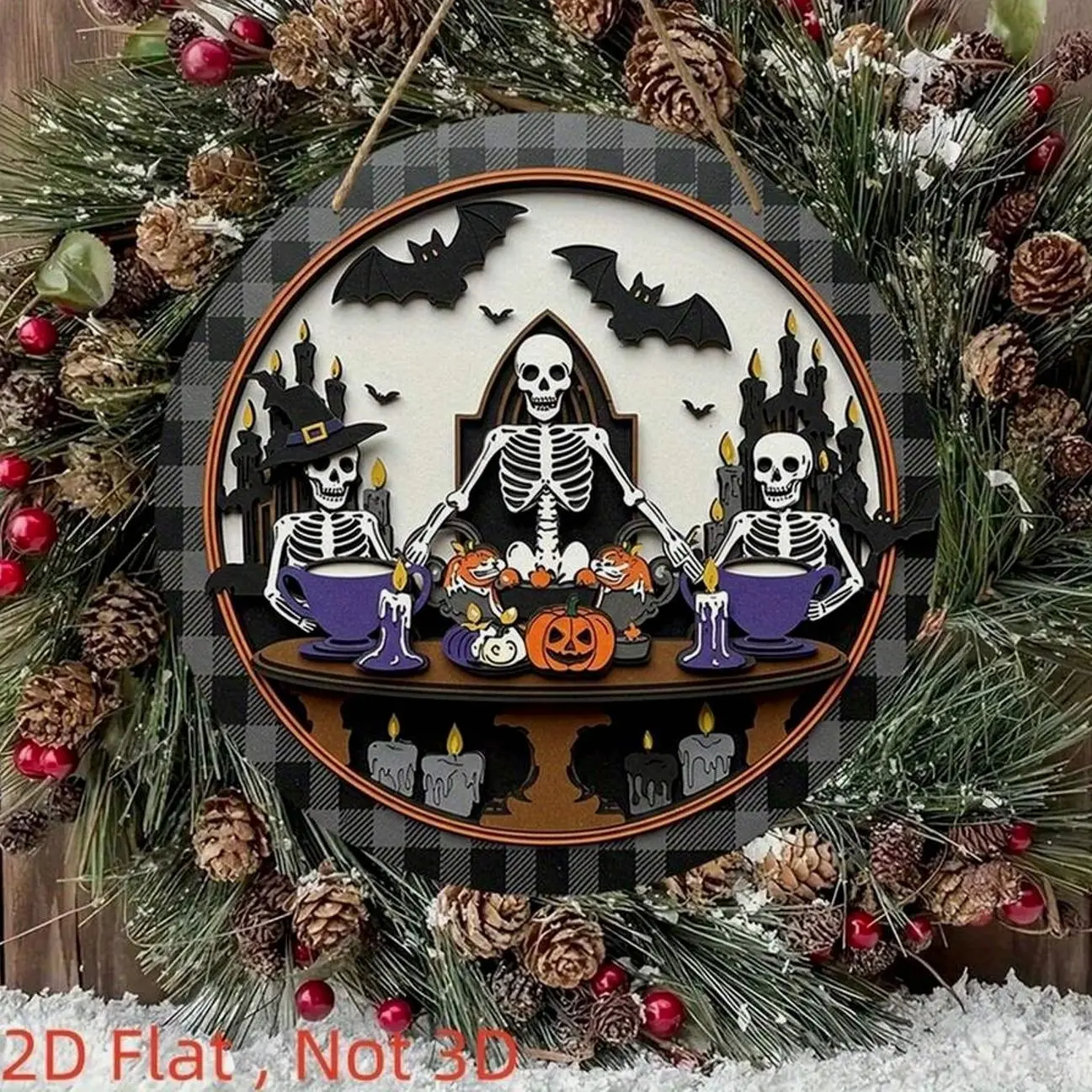 Collectible 2D Flat Wooden Hanging Decorations, 1 Piece Vintage Halloween Wreath Sign - Featuring Skulls, Pumpkins, And Bats, Rustic Farmhouse Porch Decoration
