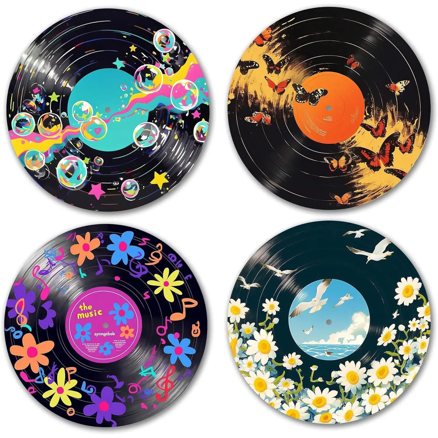 AYQJCBGC Vintage Vinyl Records Wall Decor, 12 Inch Retro Music Room Decor, 4 PCS Set Eclectic Coastal & Doodle Floral Disks, Floral Wall Art for Home, Studio, Bedroom Aesthetic.(007)
