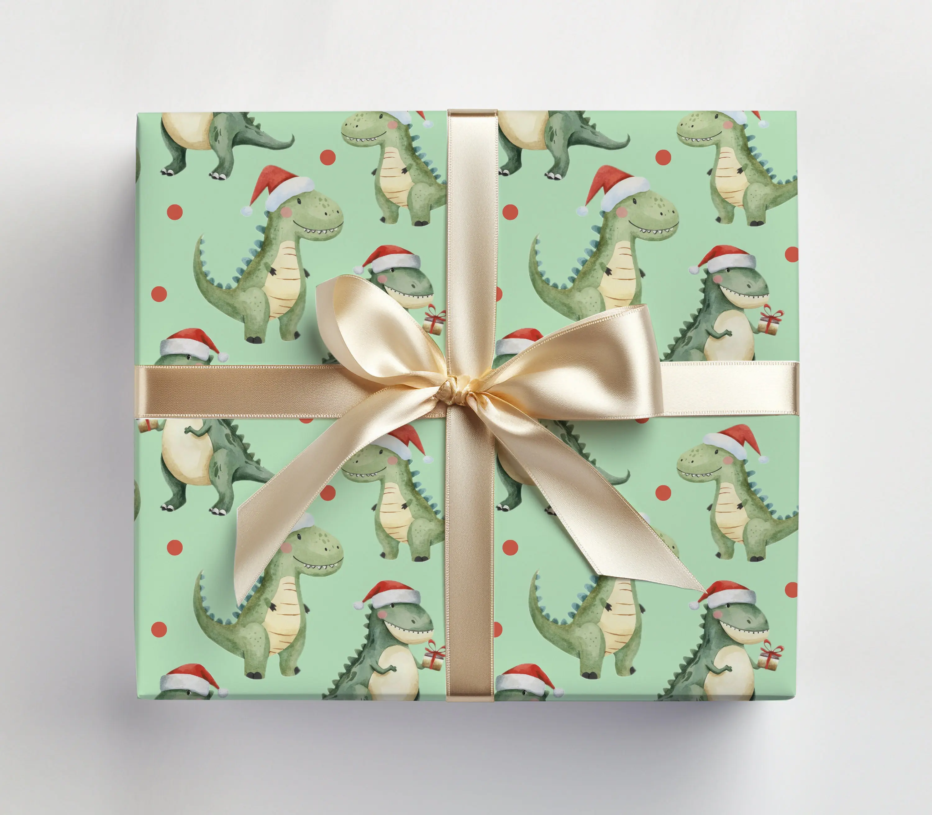 Christmas Dinosaur Wrapping Paper, Funny Christmas Wrapping Paper, Dinosaur Christmas Gift Wrap Roll, Dino With Santa Hat Gift Wrap