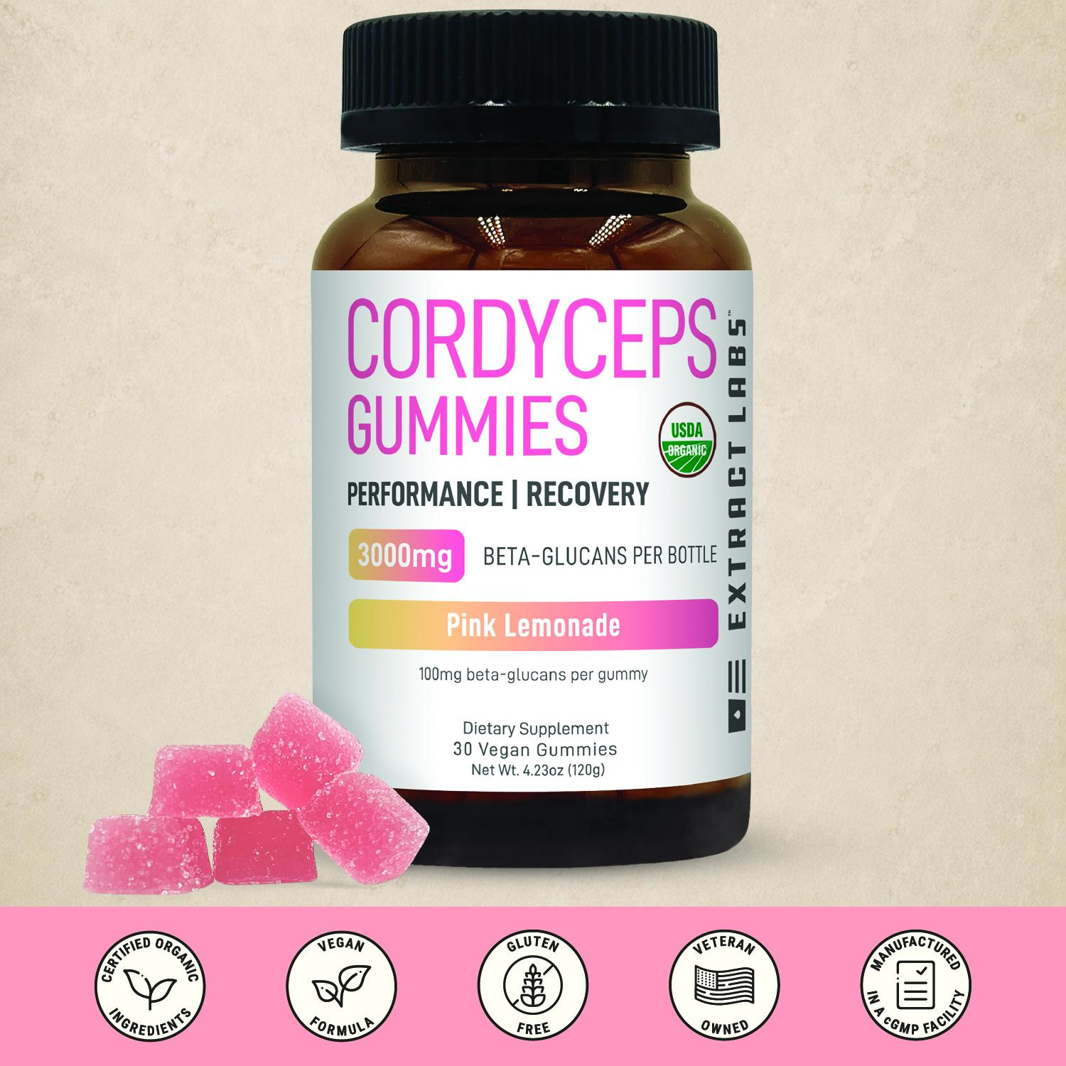 Organic Natural Cordyceps Functional Mushroom Pink Lemonade Gummies, Health & Wellness Supplements for Energy, Performance Support, Functional Mushrooms