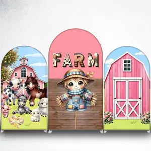 15-day 2D Flat Delivery Cute Farm Animals and Pink Barn Arch Backdrop Cover for Barnyard Theme Party Decor