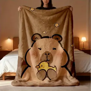 1pc Capybara Plush Flannel Blanket Cute Design Soft Warm Bedspread Machine Washable All-Season Cozy Gift Birthday Christmas Mother's Day