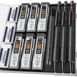0.7mm Mechanical Pencil Set, 3 count Metal Mechanical Pencils 0.7mm with 6 Tubes HB & 2B Lead Refills,Erasers, Weatherproof Artist Pencils with Case for Outdoor Writing Drafting Drawing