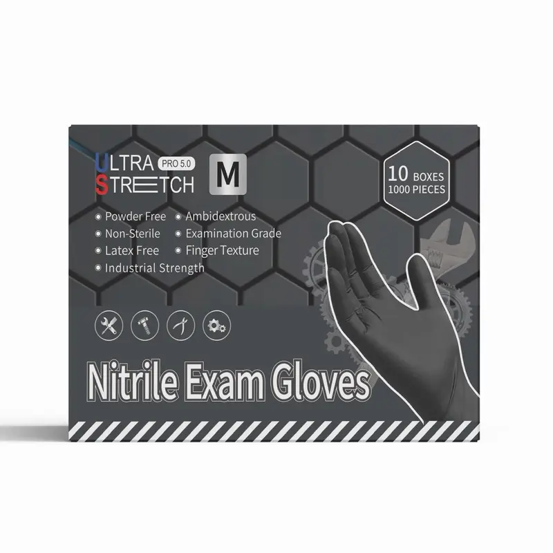 Ultra Stretch Pro 5.0 1000 pcs Quality Ultra Stretch Professional Black Nitrile Gloves Powder Free Ambidextrous Non-Sterile Examination Grade Cleaning Synthetic