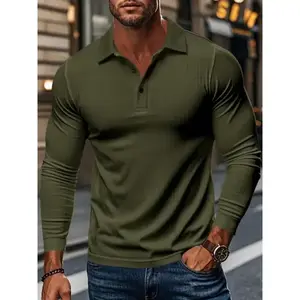 Men's Ribbed Texture Long Sleeve Polo Shirt, Comfortable Fit for Daily Wear, Stylish Design Suitable for Work & LeisureGift