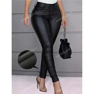 A High Waist Thermal Lined PU Leather Skinny Cropped Pants Fit Party Womenswear Bottom