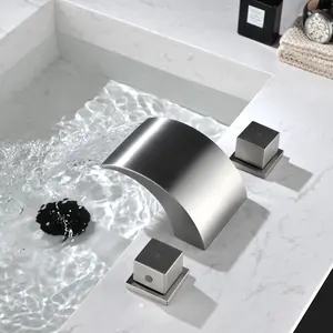 Modern Matte Black Waterfall Bathroom Faucet 3 Hole,2 Square Handle Widespread brass RV Lavatory Brushed Gold Sink Faucet with cUPC Water Supply Lines