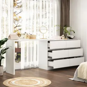 L-Shaped Dressing Table with 6 Drawers, Extendable Vanity Desk and Dresser Combo, Wood Vanity Dresser Makeup Desk, Wide Desktop, for Bedroom Dressing Room White (51.2"W x 47.2"D x 32.7"H)