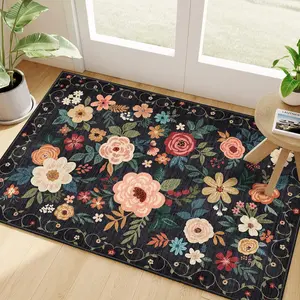 40*60cm Rugs for Entryway, Floral Indoor Washable Door Mat, Non Slip Boho Small Rug for Kitchen, Soft Low Pile, Front Door Throw Rug for Entrance, Bedroom, Kitchen, Laundry, Bathroom, Black