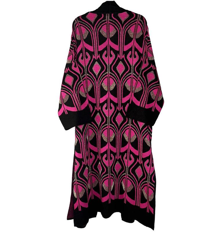 Modest Muslim Women’s Abstract Turkish Tulip Long Knitted Cardigan - Black & Pink
