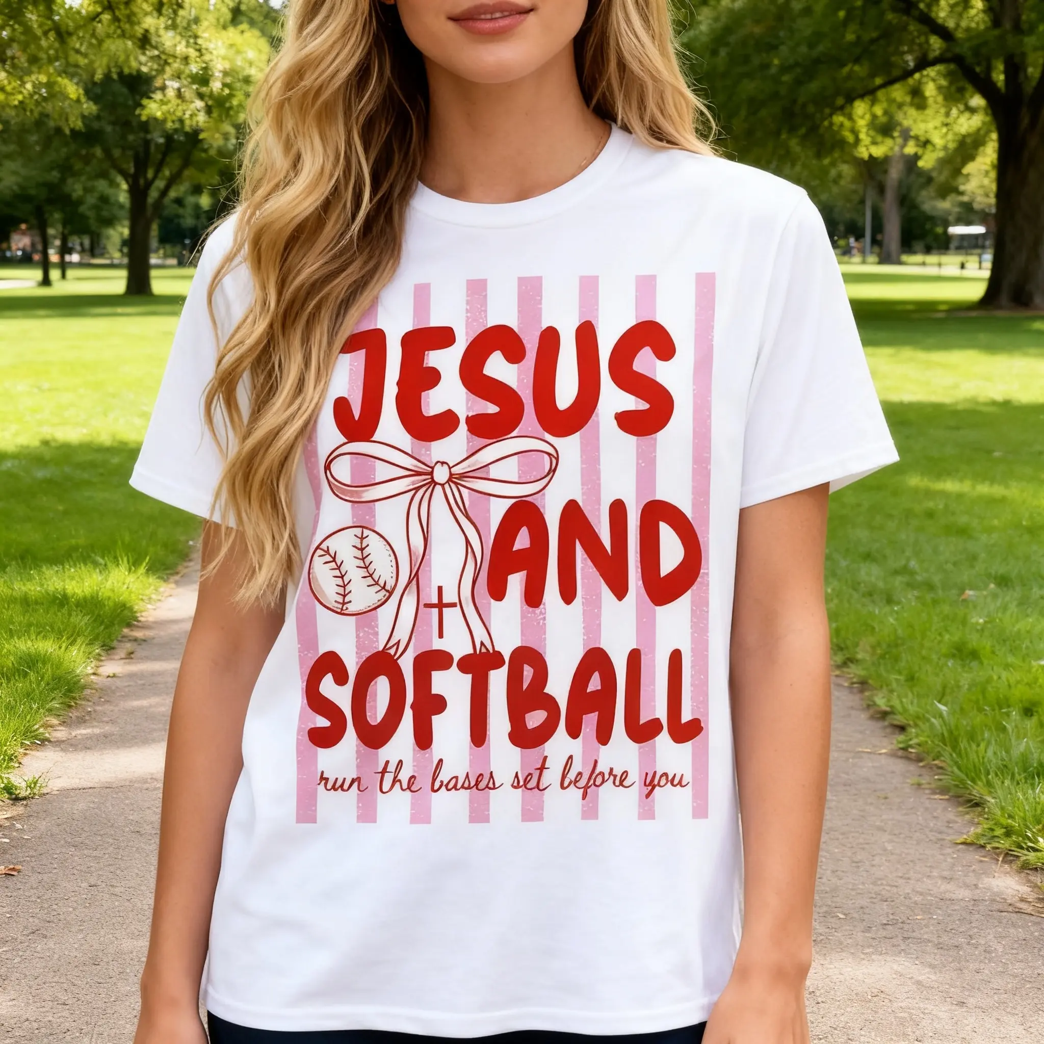 Women’s Jesus And Softball Cute Bow Graphic Short Sleeve T-Shirt unisex retro street t-shirt summer workout classic fit