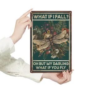 1pc  Metal Tin Sign Dragonfly Vintage Art Decor Poster Plaque for Home Office Room Coffee Bar, 7.8 X 11.8 Inches, What If I Fall oh But My Darling What If You Fly metal wall sign Vintage Metal Tin Sign home decor plaque funny bar sign
