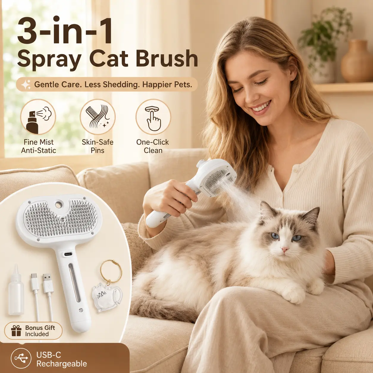 3-in-1 Upgraded Self-Cleaning Steam Deshedding Brush for Dogs & Cats - 7.87 x 4.52 inches, Anti-Static, Skin-Safe Fine Mist Spray Grooming Accessory with Coat Care, Massage Functions, Elegant Gift Box, Suitable for Long/Short Hair, Beauty/Hair Care, Fine