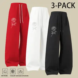 Women’s cooling wide-leg pants with rose embroidery, lightweight breathable Y2K streetwear trousers, Y2K sweet cool relaxed fit trousers, elastic waist ice-silk floral embroidery wide-leg casual pants