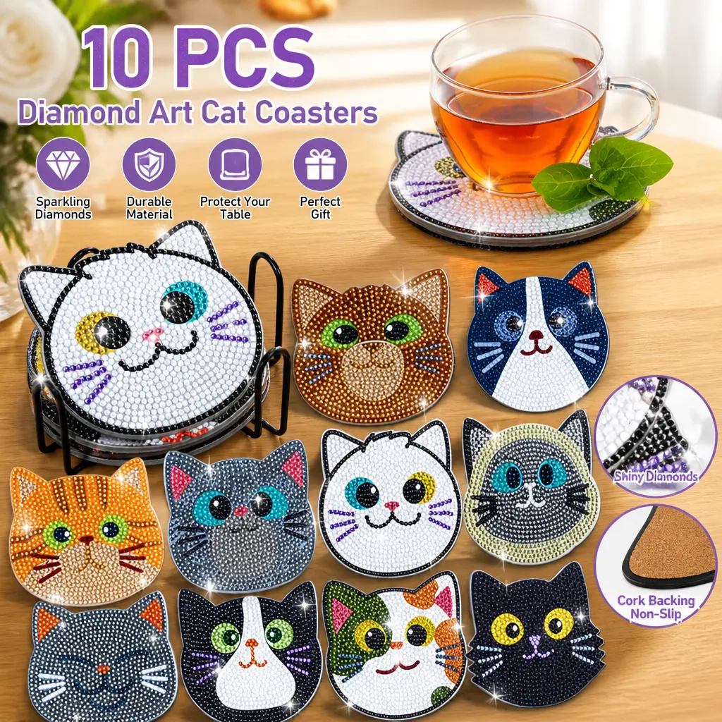 10 Pcs Varied Cat Theme Reusable 5D Diamond Painting Coasters Set with Holder - Washable Kitchen Tableware, Therapeutic DIY Art Kits for Adults, Protect Your Table, Ideal Gift for Valentine’s Day, Birthday