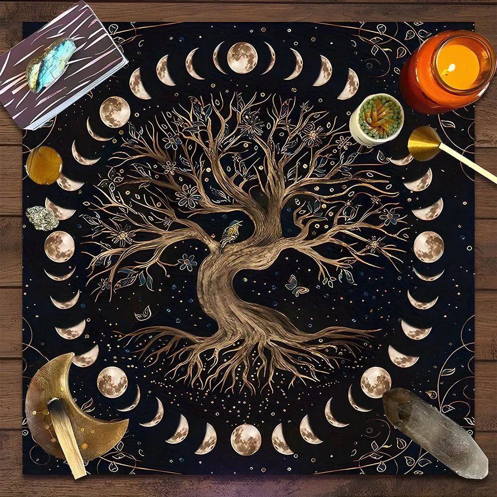 Mystical, Ceremonial, Celestial Tree of Life Moon Square Tarot Tablecloth, Cycle Phase Design Witch-style home decor Altar Cloth Sacred Space Multiple Sizes Polyester Fabric, Divination Cloth for Spreads, Rituals & Meditations Gift for family and friends