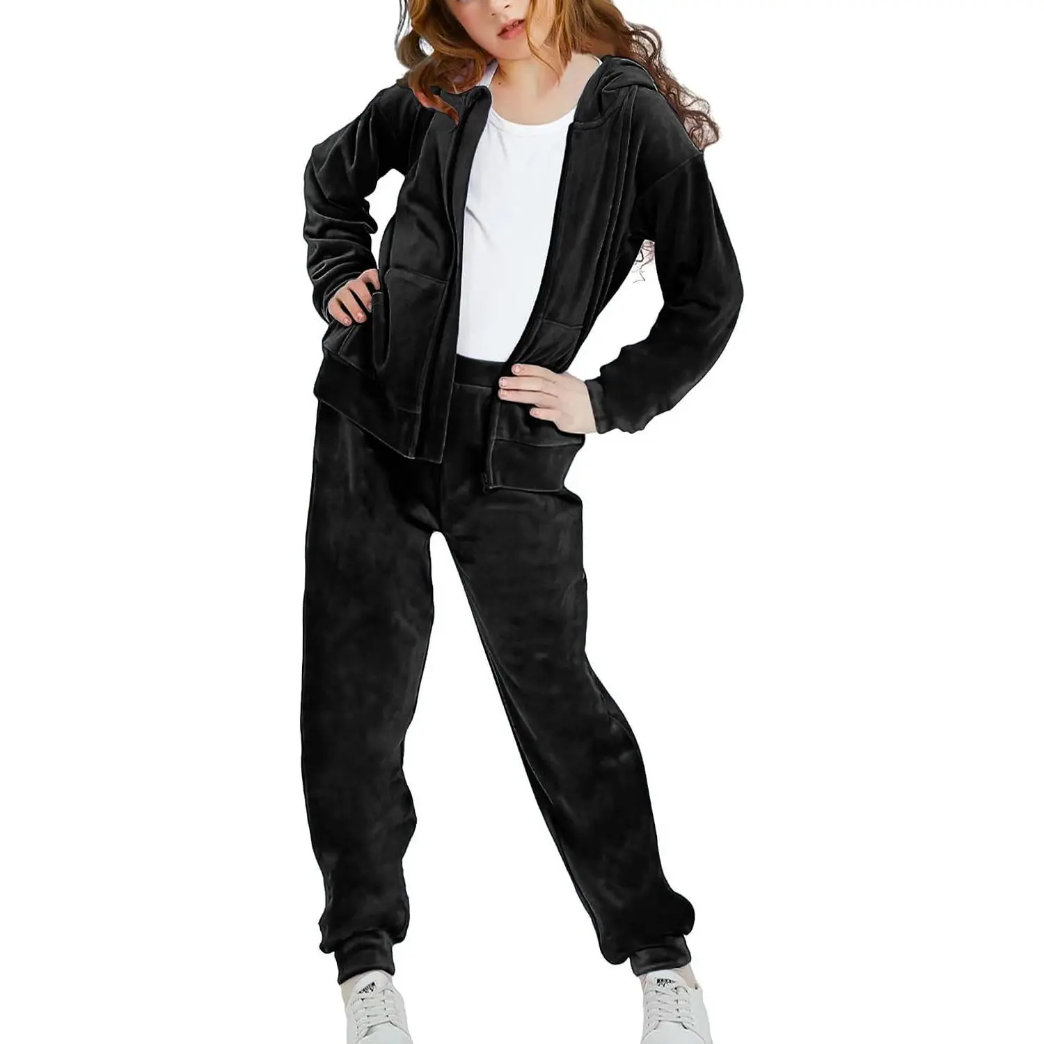 Woolicity Girls Sweatsuits Set Velour Tracksuit 2 Piece Outfits Zip Up Hoodies and Pants Sportswear Jogging Set