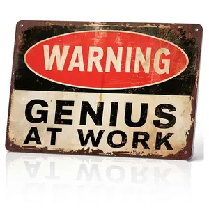 Warning Genius At Work 12x8 Inch Aluminum Metal Sign - Playful Office Wall Decor for Desk, Cubicle, and Home Office - Funny Tin Sign Gift for Coworkers, Students, and Creatives